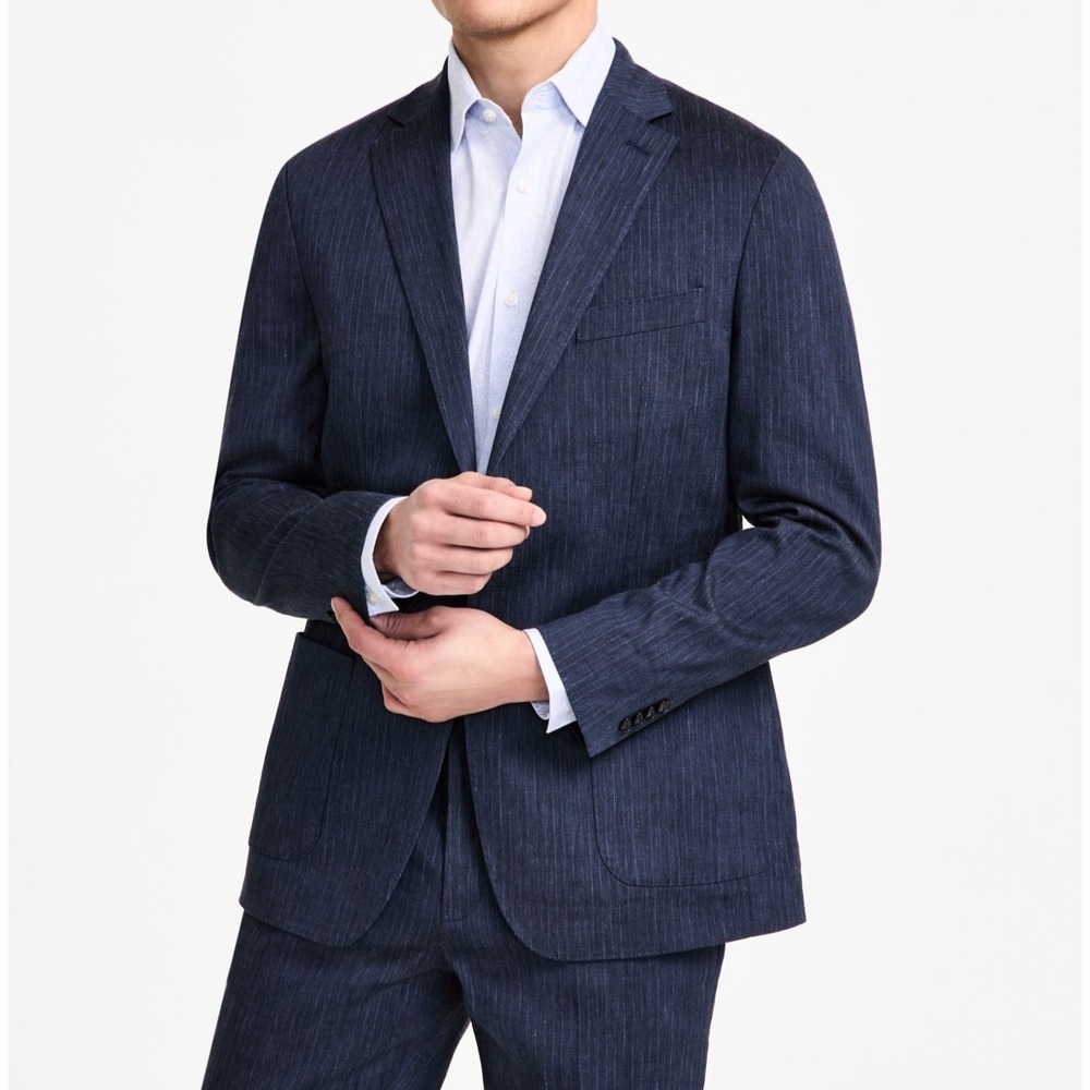 $350 Michael Kors Classic Fit Linen Suit Jacket Men 46R Blue Stripe Unstructured